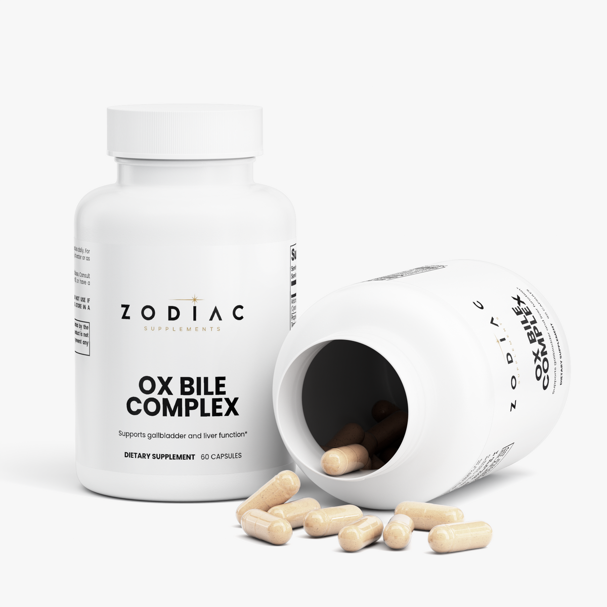 Zodiac Supplements Ox Bile Complex bottle and capsules for digestive health support.