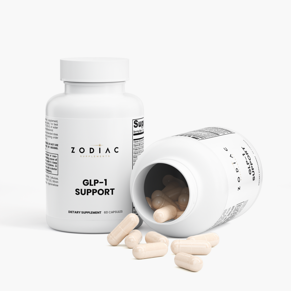 GLP-1 Support dietary supplement capsules in a white bottle with some capsules spilled out.