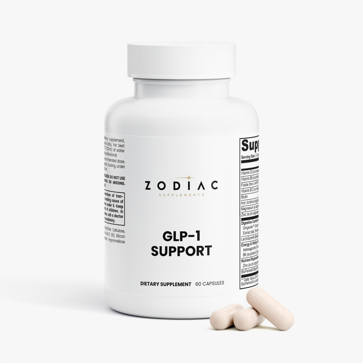 Zodiac Supplements GLP-1 Support bottle with capsules for digestive wellness and comfort.