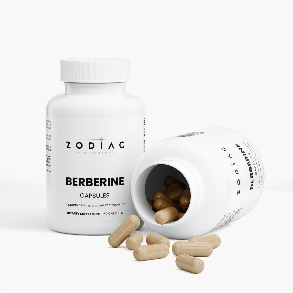 Berberine capsules in a bottle with some spilled out, promoting healthy glucose metabolism and overall well-being.