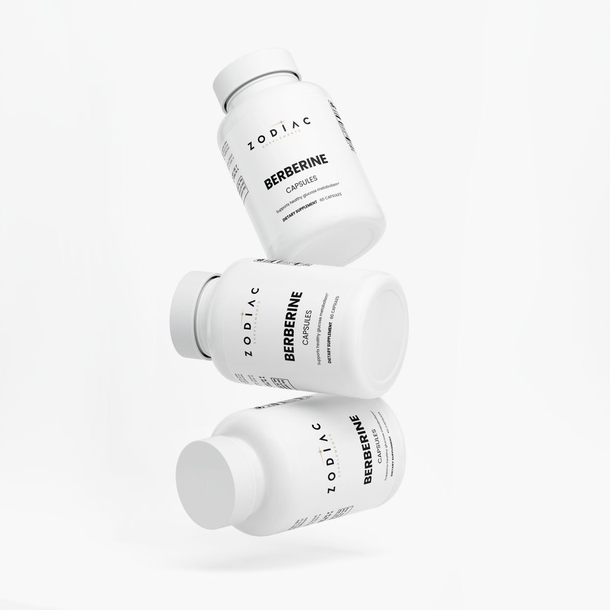 Three bottles of Berberine capsules from Zodiac, promoting health and wellness with Granular Berberine Hydrochloride Extract.