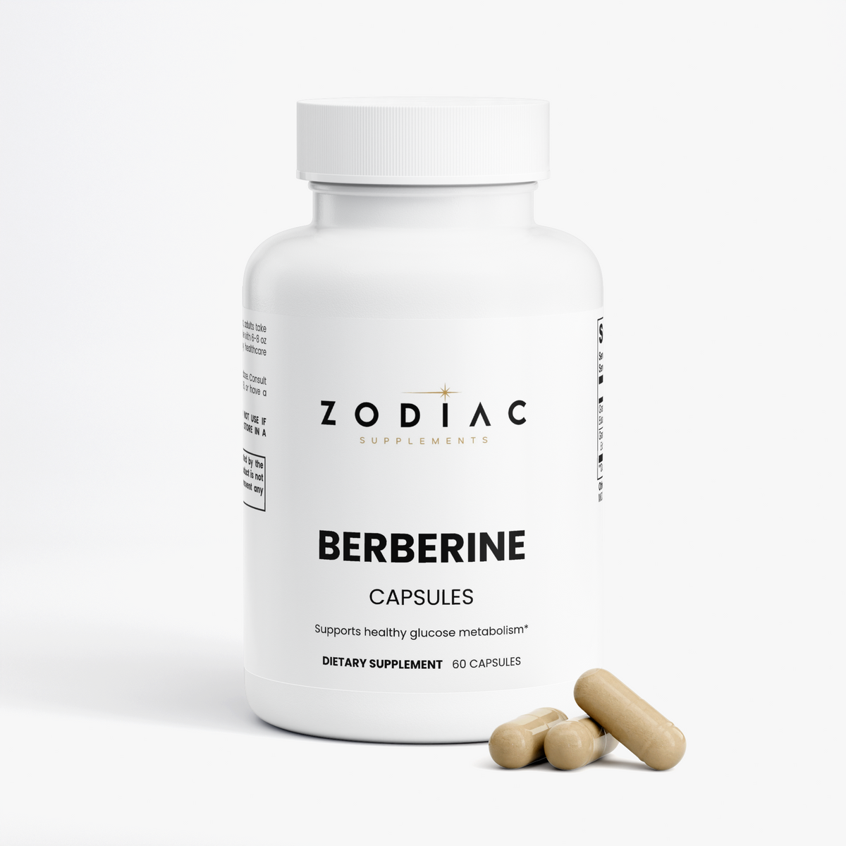Berberine capsules bottle with dietary supplement information and two capsules beside it.
