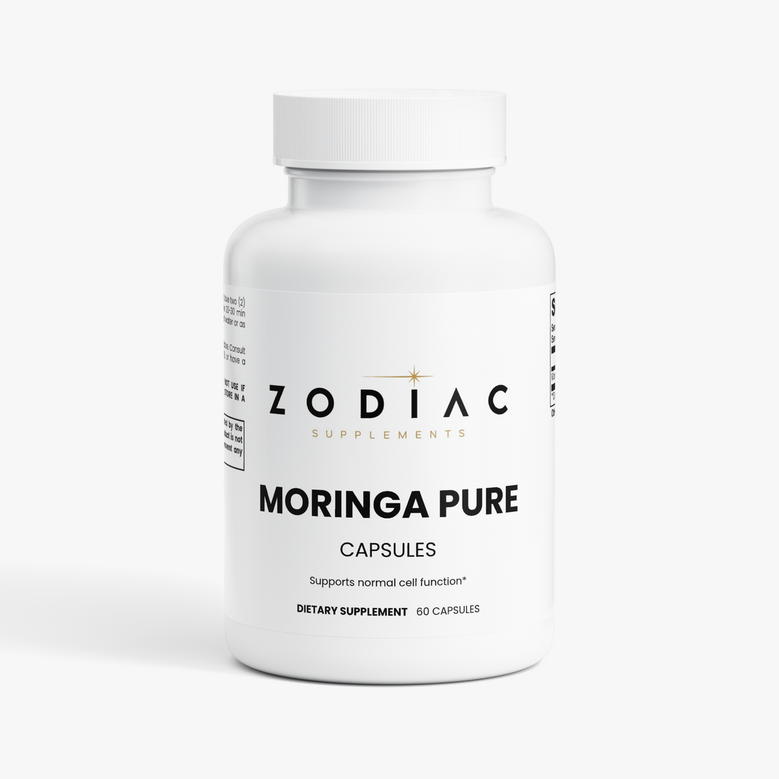 Bottle of Moringa Pure capsules by Zodiac Supplements, promoting normal cell function for health.