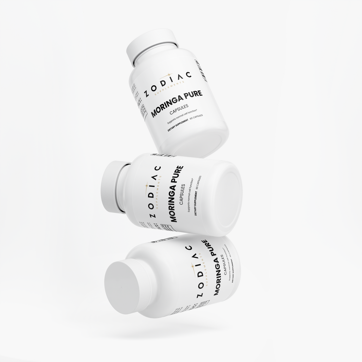 Three bottles of Moringa Pure capsules stacked creatively, highlighting the product for health enthusiasts.