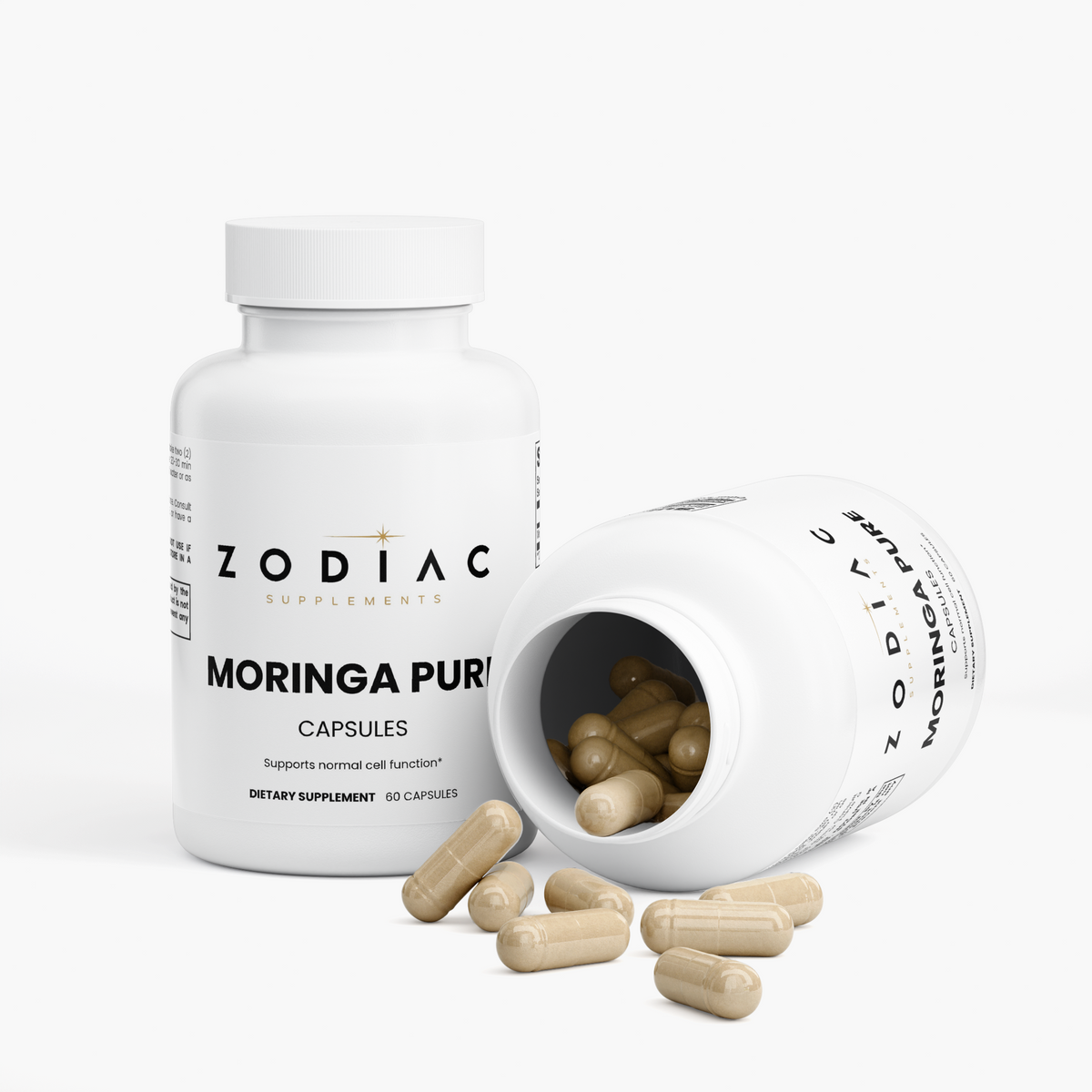 Zodiac Supplements Moringa Pure capsules bottle with open lid and scattered capsules.