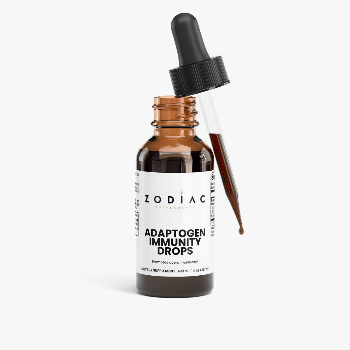 Bottle of Adaptogen Immunity Drops with dropper, promoting wellness and immune support.