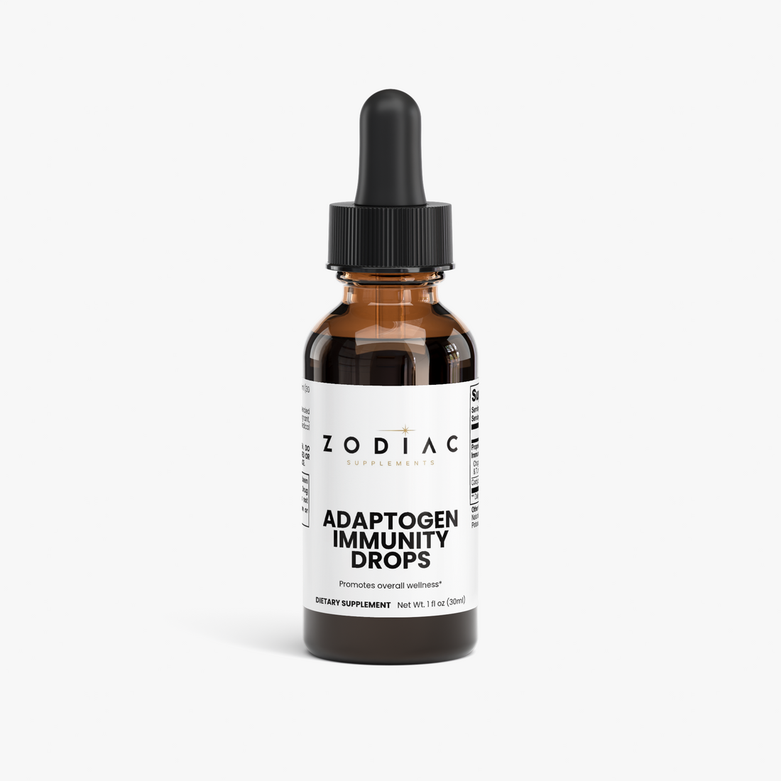 Bottle of Adaptogen Immunity Drops with black dropper for promoting overall wellness.