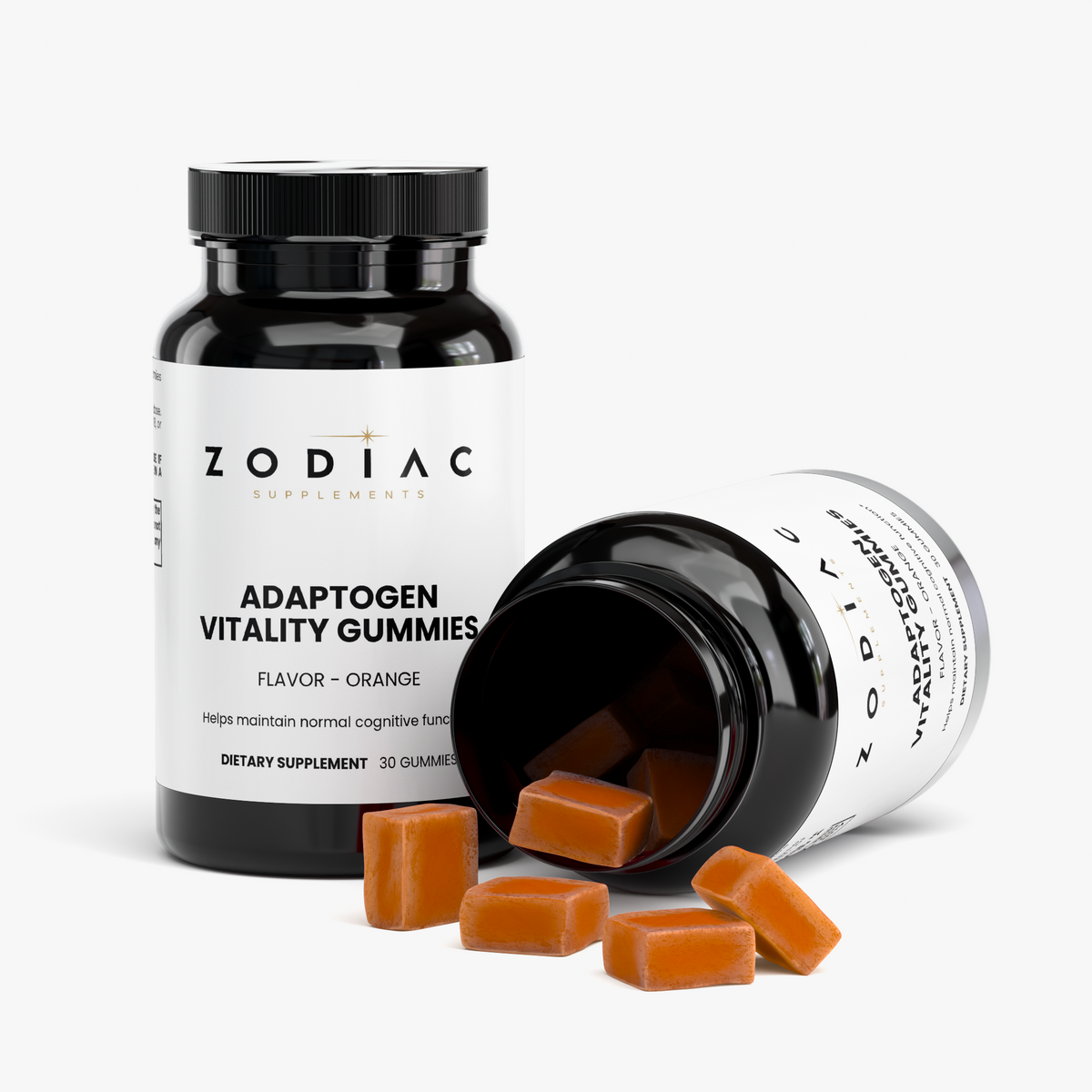 Adaptogen Vitality Gummies bottle with orange gummies, supports energy, focus, and cognitive function.