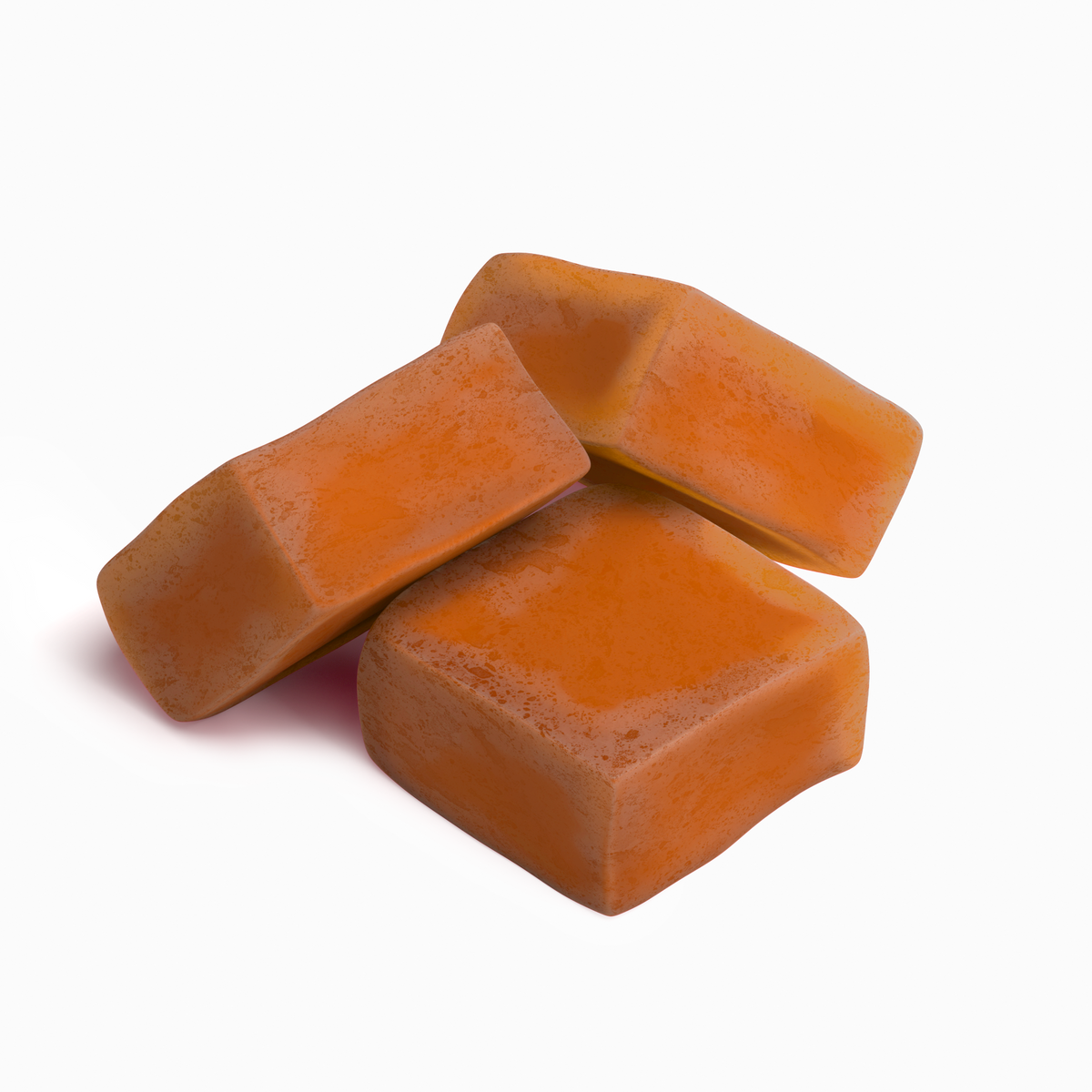 Adaptogen Vitality Gummies arranged on a white background, showcasing their vibrant orange color and chewy texture.
