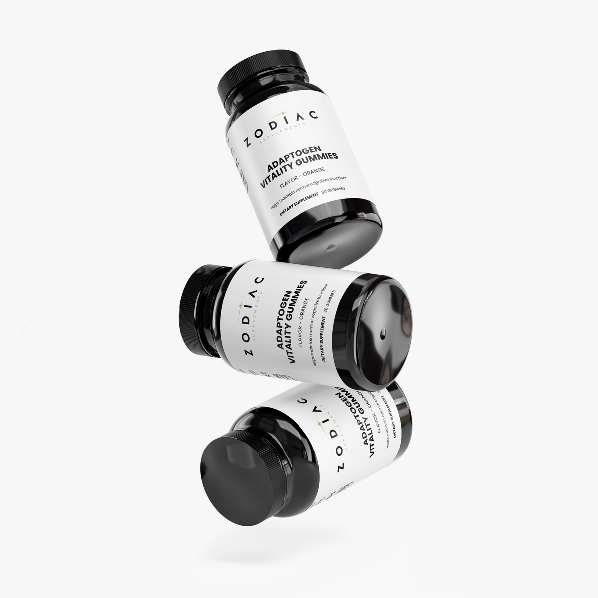 Three bottles of Adaptogen Vitality Gummies featuring functional mushroom extracts for energy and wellness.