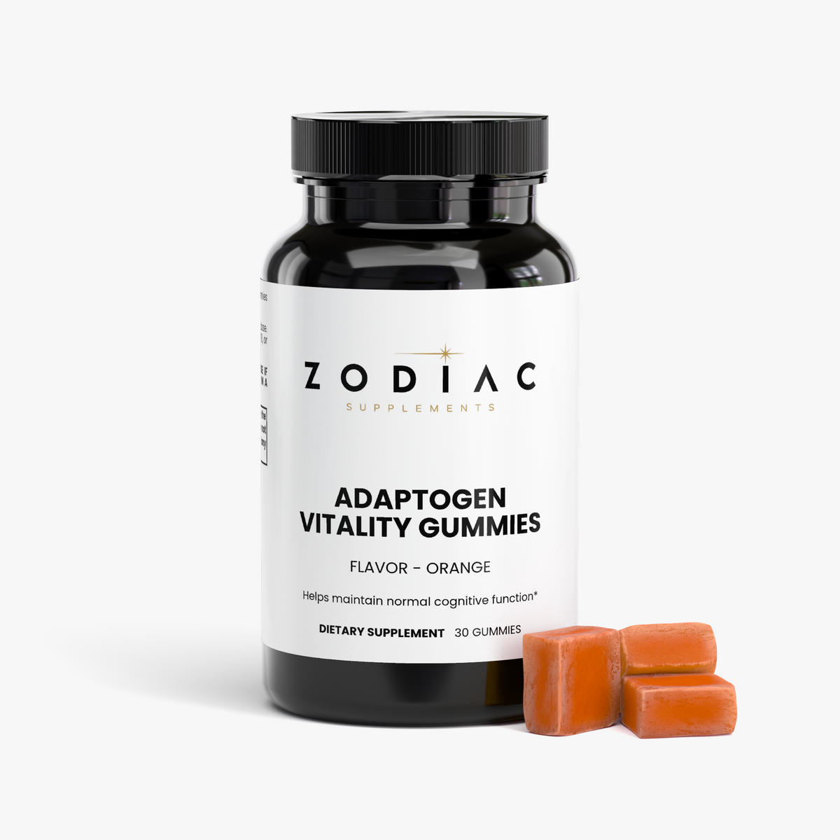 Adaptogen Vitality Gummies bottle with orange gummies, promoting energy and cognitive support in a dietary supplement.