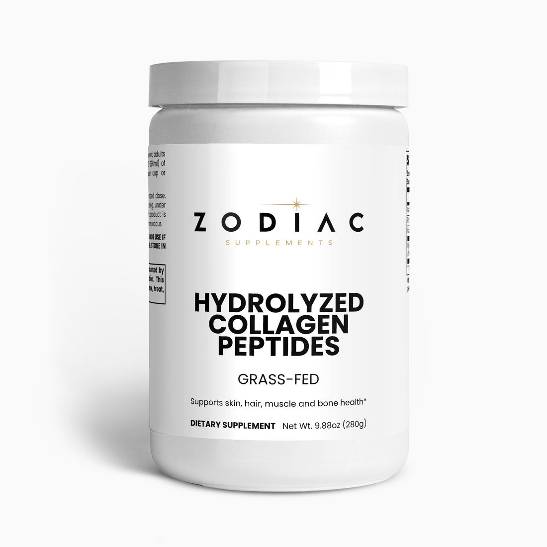 Grass-Fed Hydrolyzed Collagen Peptides supplement container for skin, hair, muscle, and bone health.