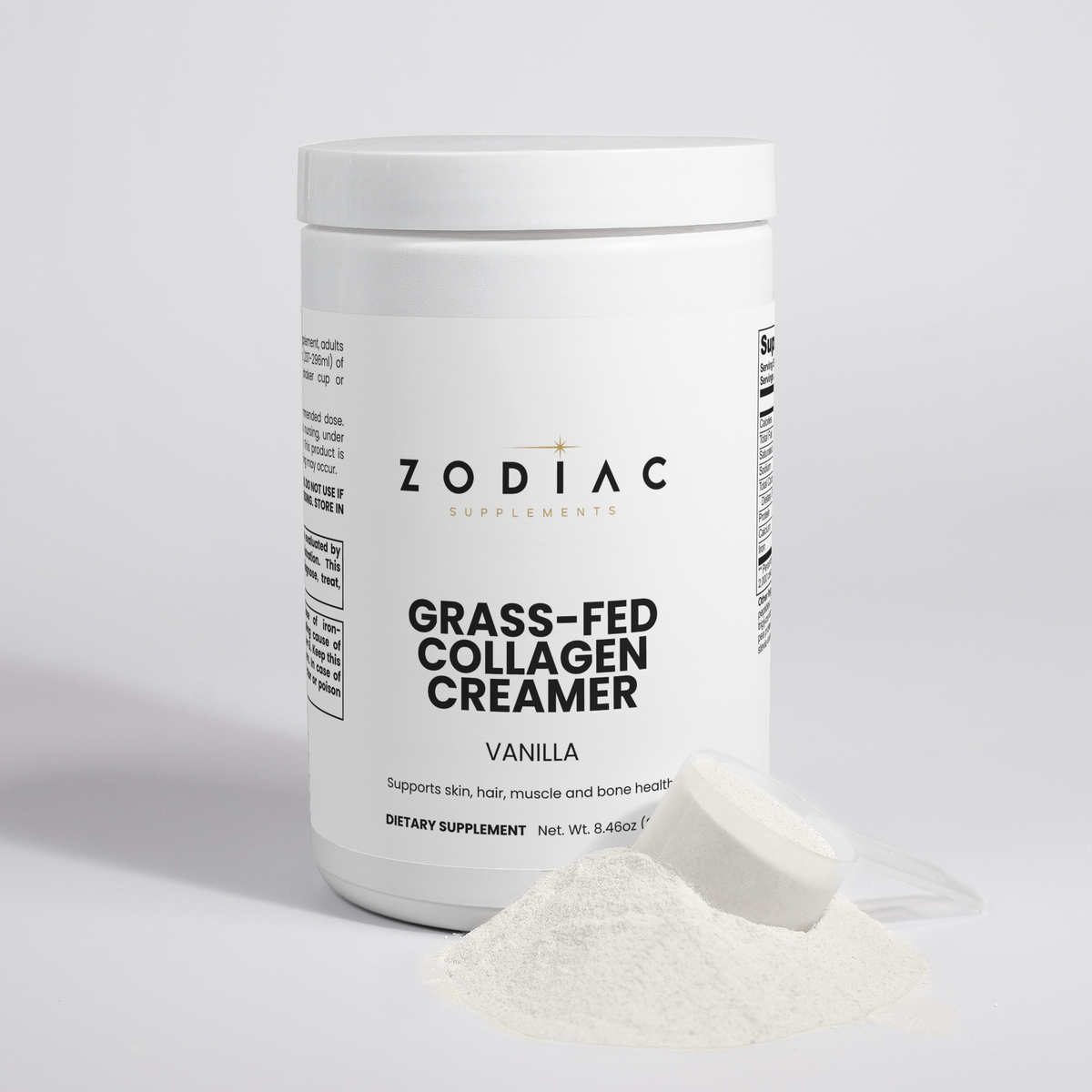 Grass-Fed Collagen Creamer Vanilla product container with serving scoop, promoting healthy skin and joints.