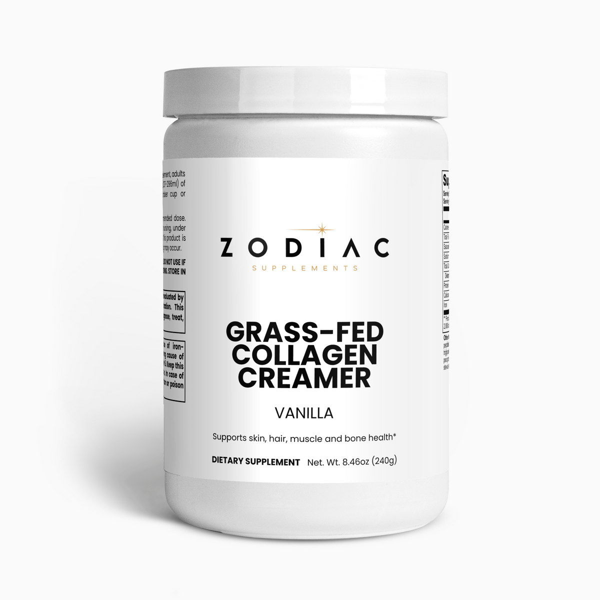 Grass-Fed Collagen Creamer Vanilla product container on a white background, supports skin, hair, muscle, and bone health.