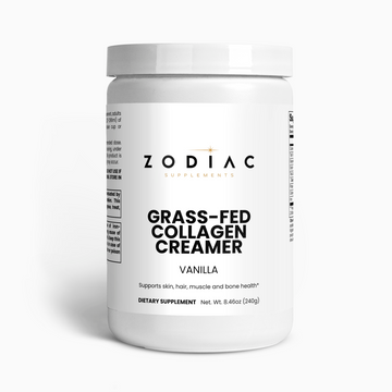 Grass-Fed Collagen Creamer Vanilla product container on a white background, supports skin, hair, muscle, and bone health.