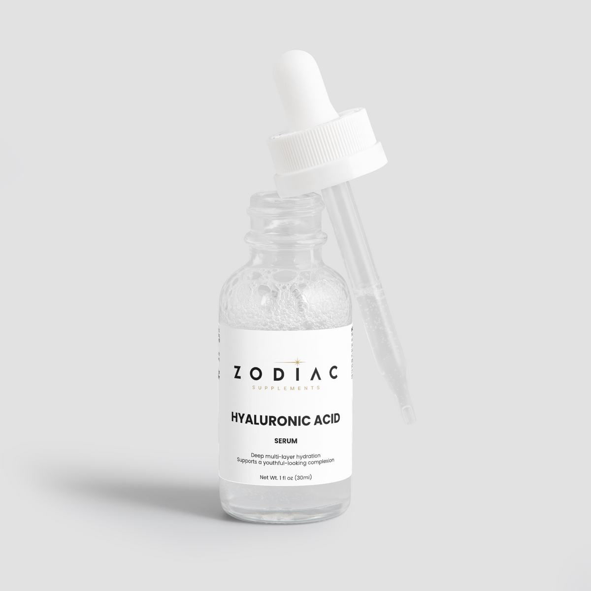 Hyaluronic Acid Serum bottle with dropper for superior hydration and skin rejuvenation.