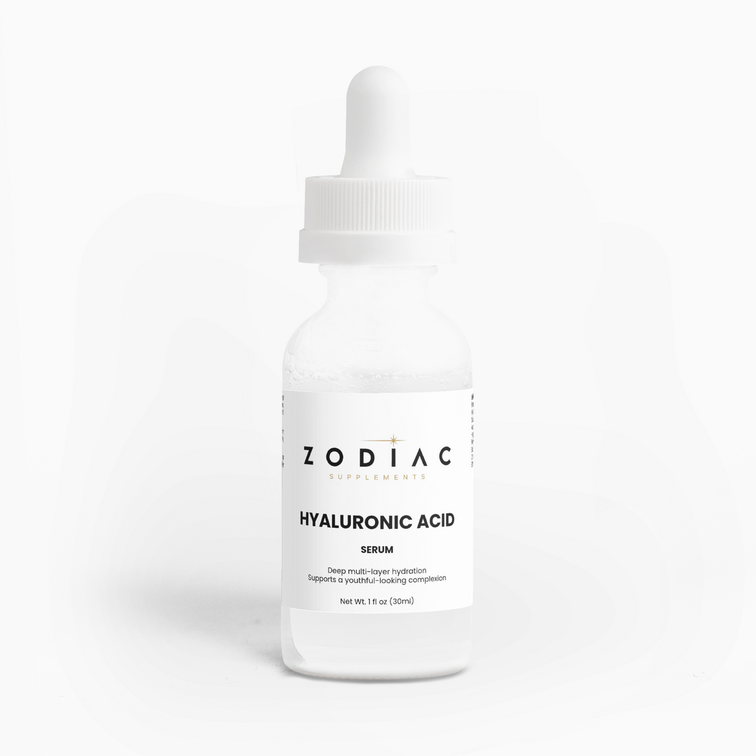 Hyaluronic Acid Serum bottle from Zodiac Supplements for hydration and youthful skin.