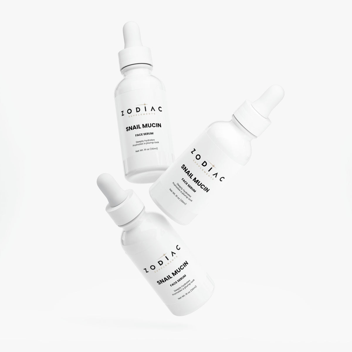 Three bottles of Snail Mucin Face Serum from Zodiac, showcasing its hydrating skincare benefits.