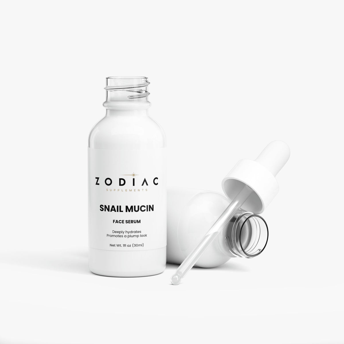 Snail Mucin Face Serum by Zodiac Supplements, brightening and hydrating skincare product in dropper bottle.