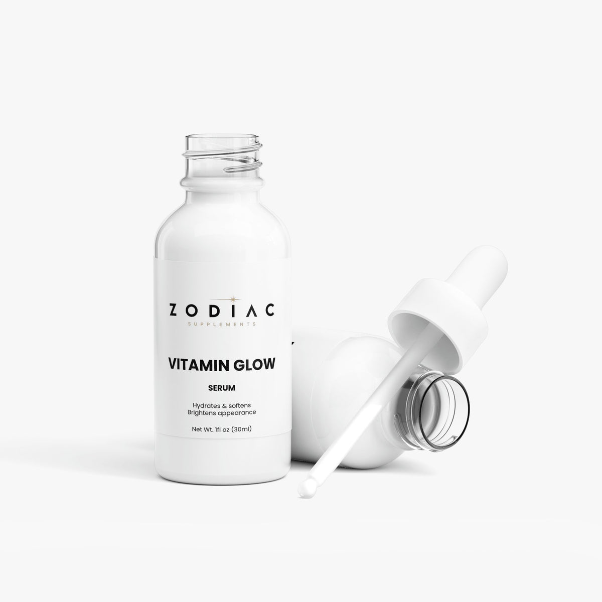 Vitamin Glow Serum bottle with dropper showcasing the lightweight formula for a healthy skin glow.