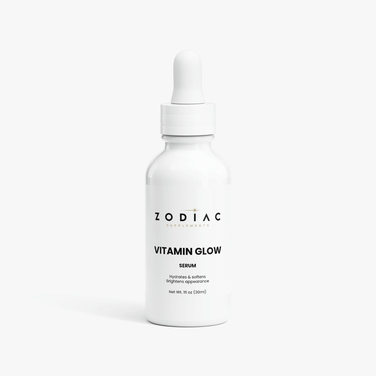 Vitamin Glow Serum bottle by Zodiac Supplements for hydrated, glowing skin.