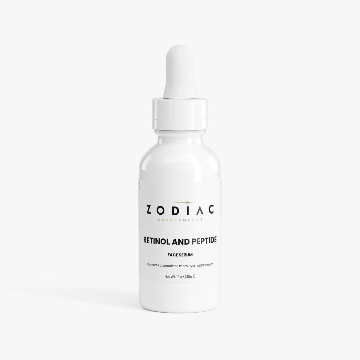 Retinol and Peptide Face Serum from Zodiac Supplements in a dropper bottle for skin rejuvenation.