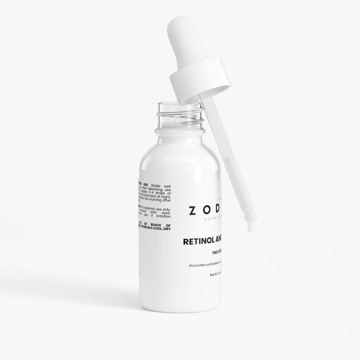 Retinol and Peptide Face Serum bottle with dropper for skin refinement and texture support.