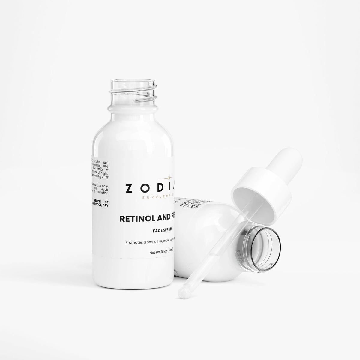 Retinol and Peptide Face Serum from ZODI, featuring a dropper for precise application.