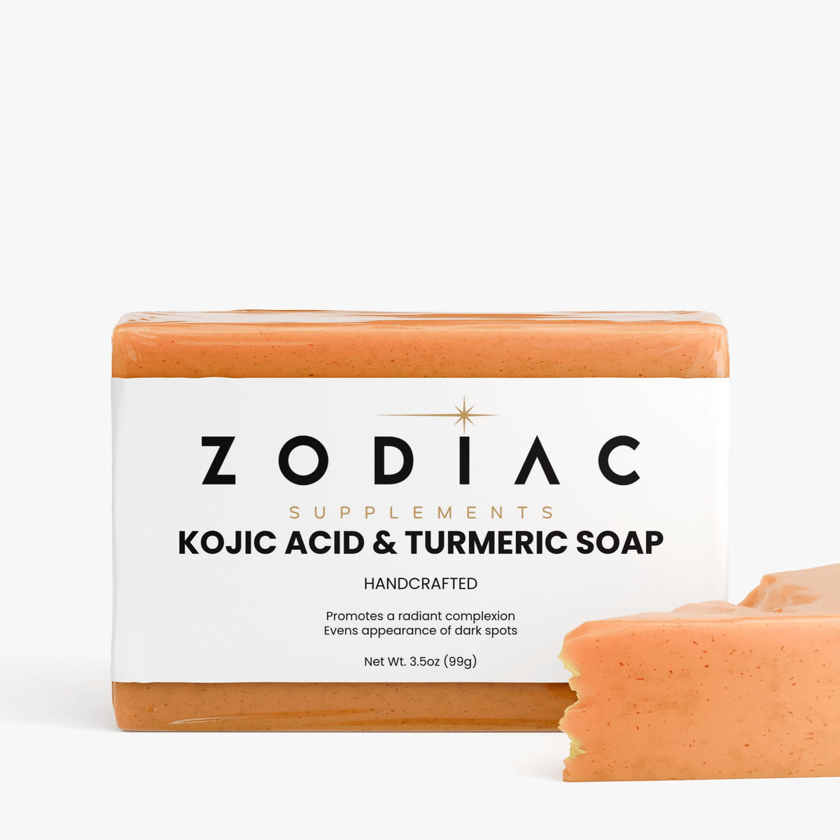 Kojic Acid & Turmeric Soap bar by Zodiac Supplements, handcrafted to enhance skin radiance and promote an even tone.