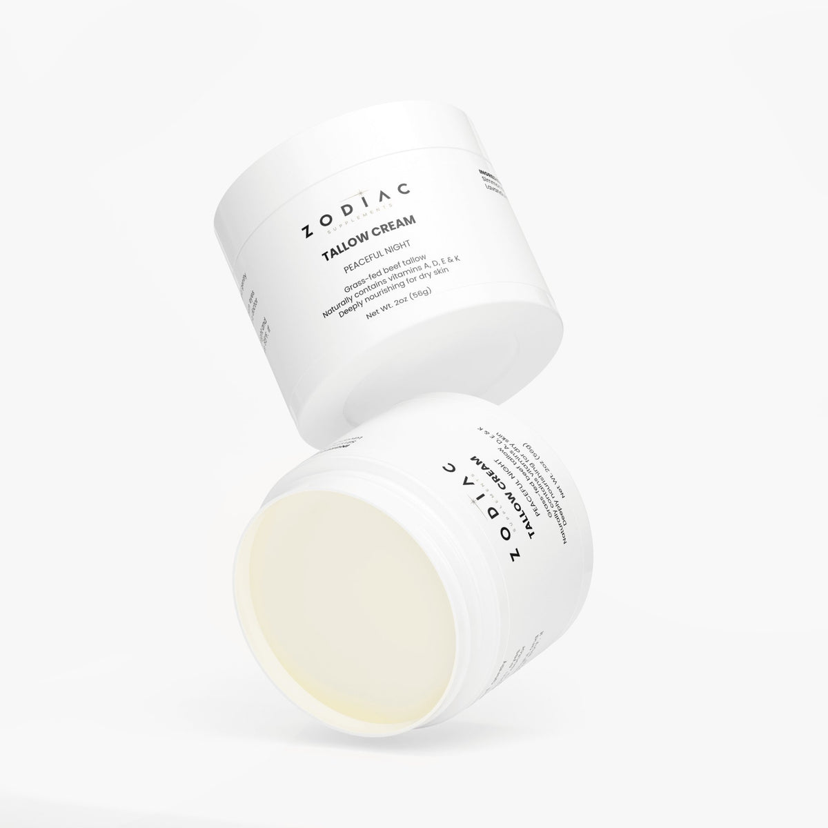 Tallow Cream Peaceful Night jars showcasing luxurious hydration for radiant skin and natural ingredients.