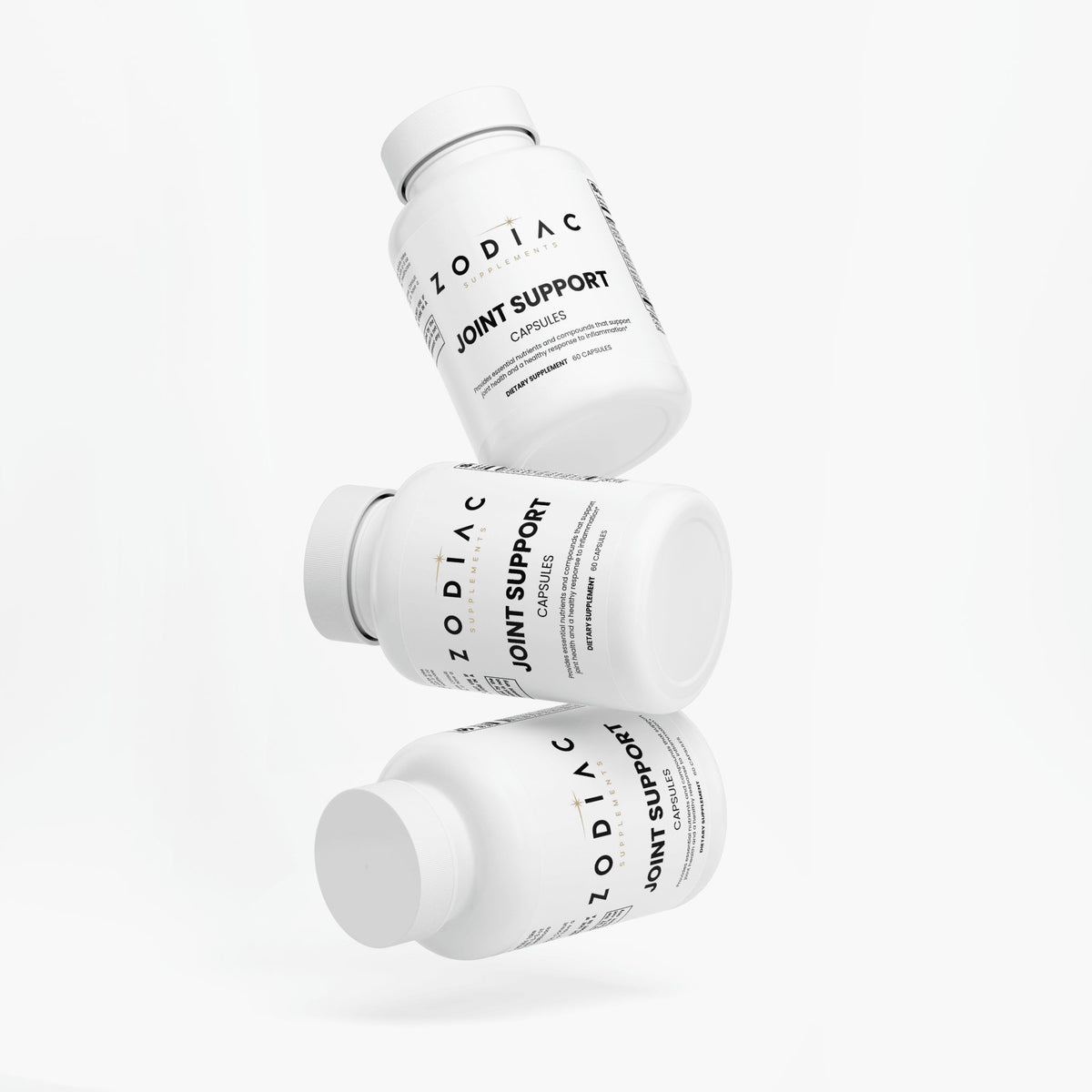 Three bottles of Zodiac Joint Support capsules stacked for joint health and flexibility.