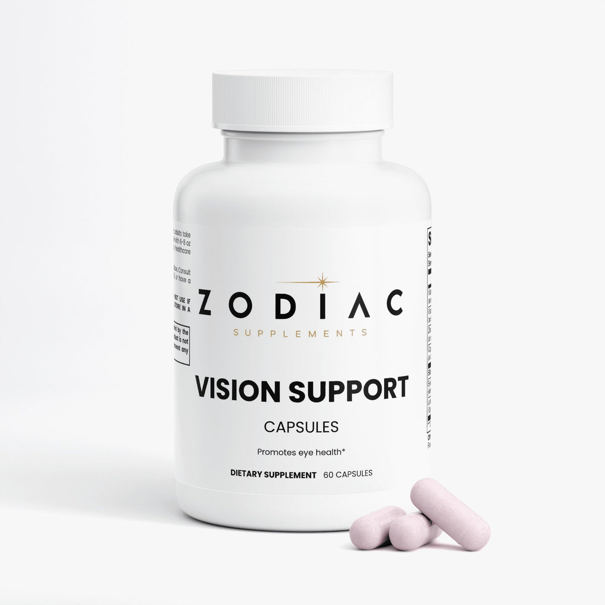 Bottle of Vision Support dietary supplement capsules for eye health by Zodiac Supplements.