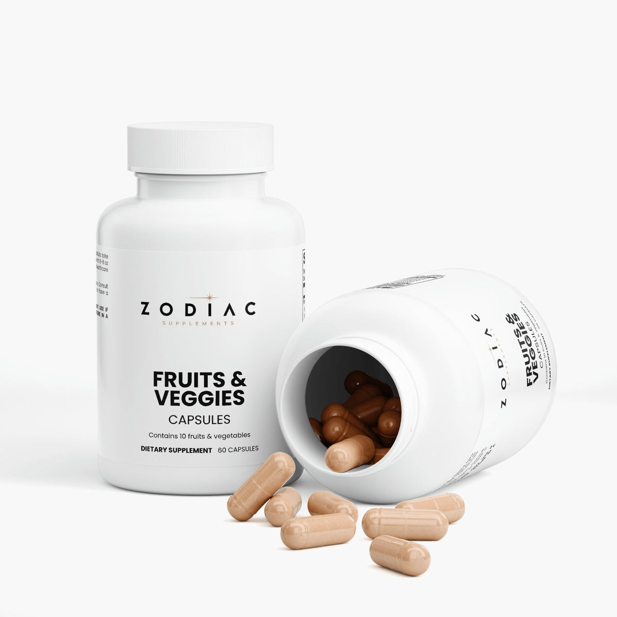 Zodiac Fruits and Veggies capsules bottle with spilled capsules, promoting digestive health and nutrient support.