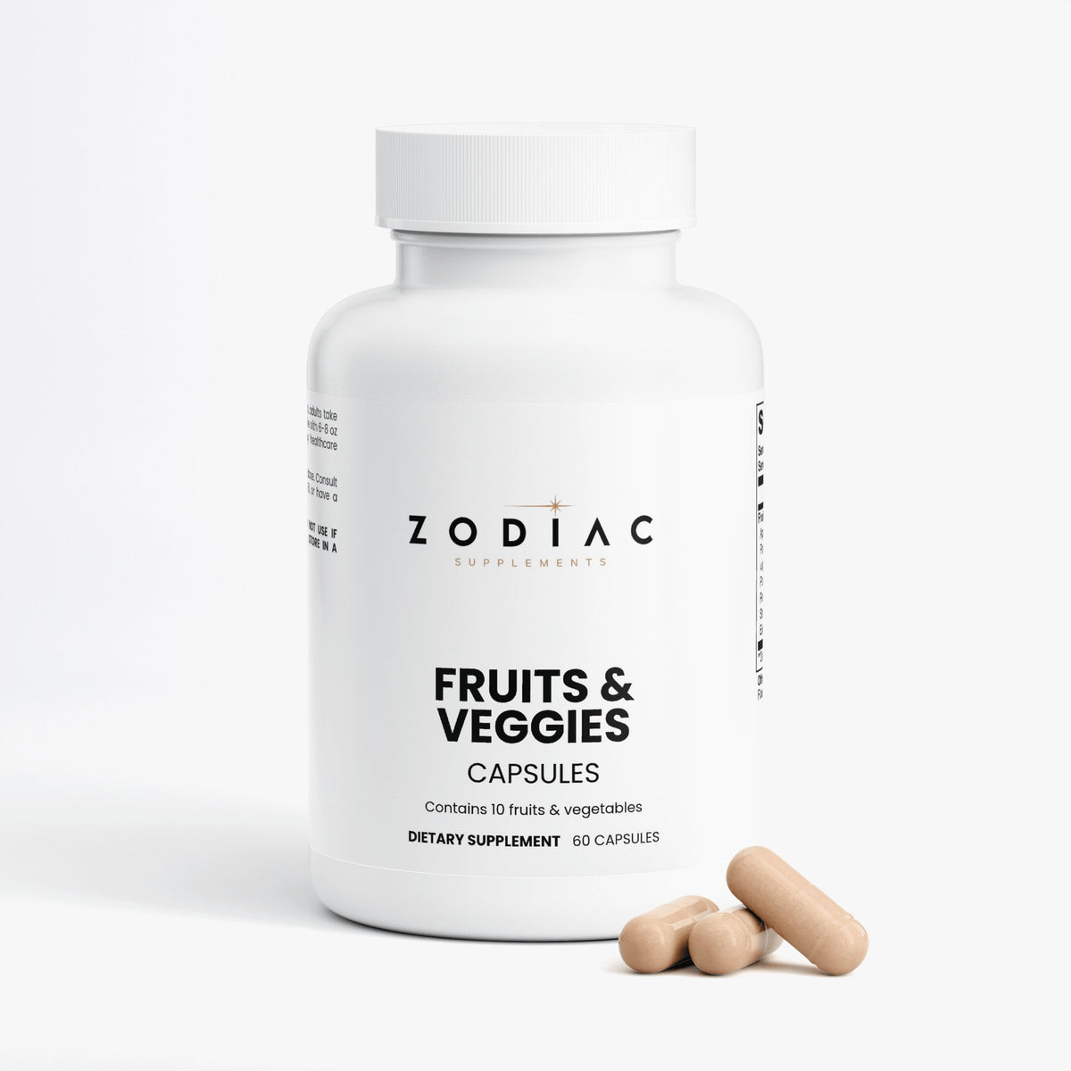 Fruits and Veggies dietary supplement capsules bottle with two capsules beside it, promoting health.