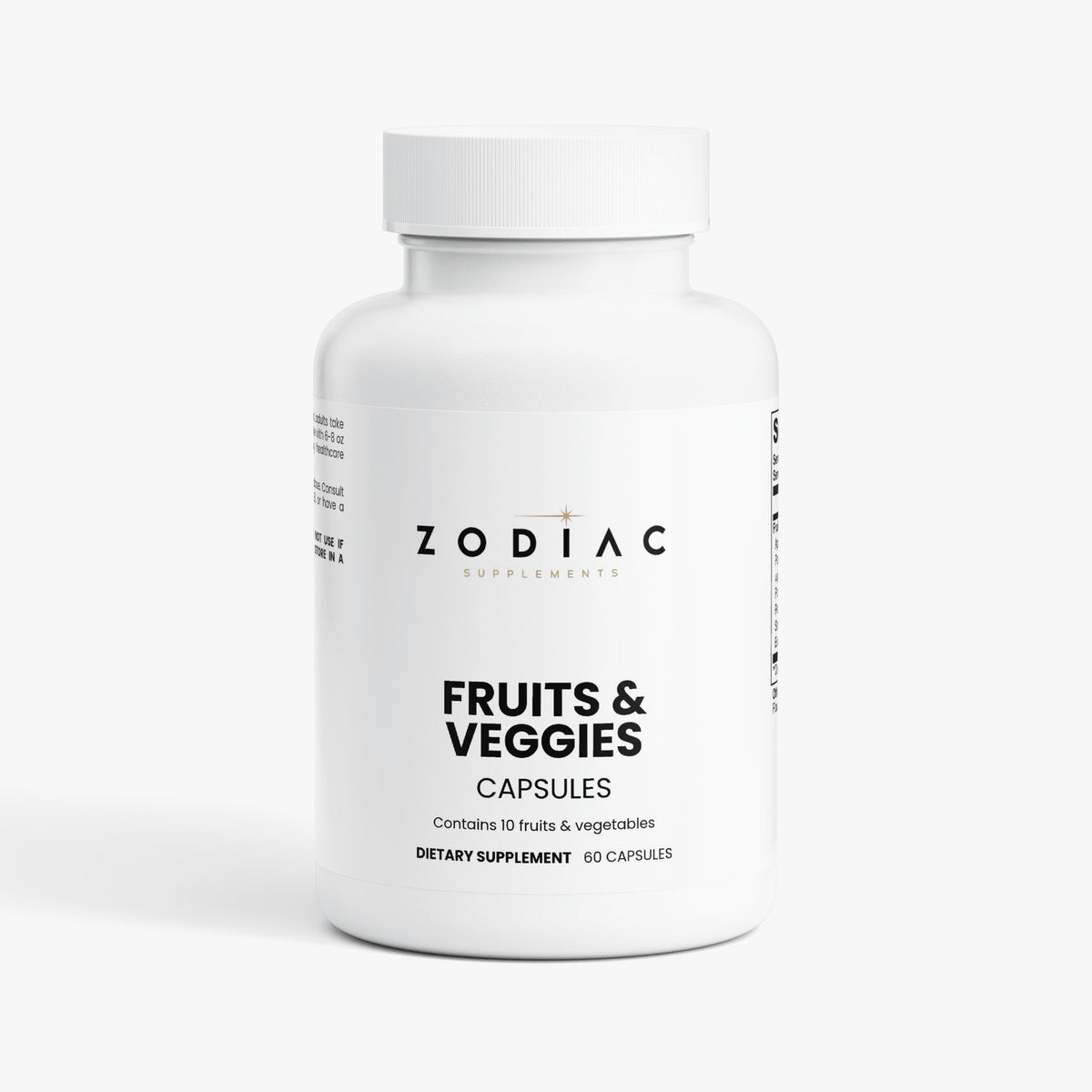 Zodiac Supplements Fruits and Veggies capsules bottle for dietary health support, containing 10 fruits and vegetables.