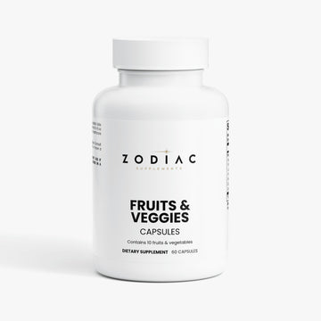 Zodiac Supplements Fruits and Veggies capsules bottle for dietary health support, containing 10 fruits and vegetables.