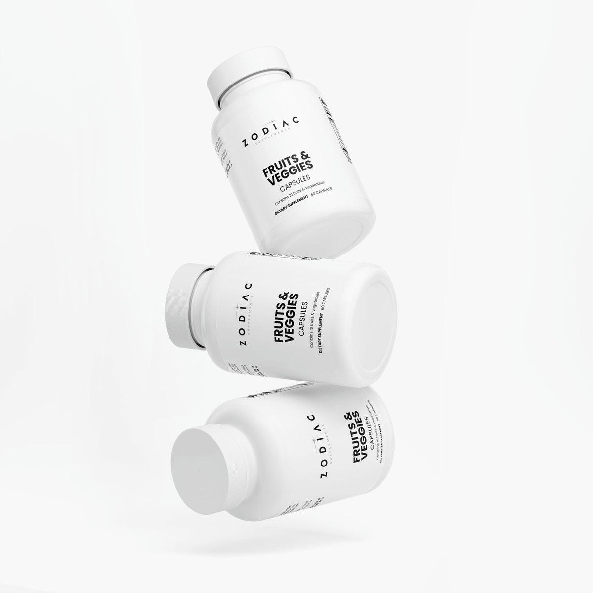Three bottles of Zodiac Fruits and Veggies capsules showcasing digestive health support.