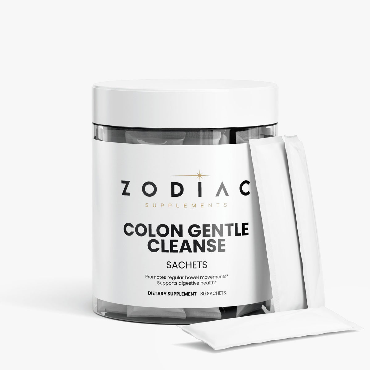 Colon Gentle Cleanse dietary supplement sachets in a jar, promoting digestive health and regular bowel movements.