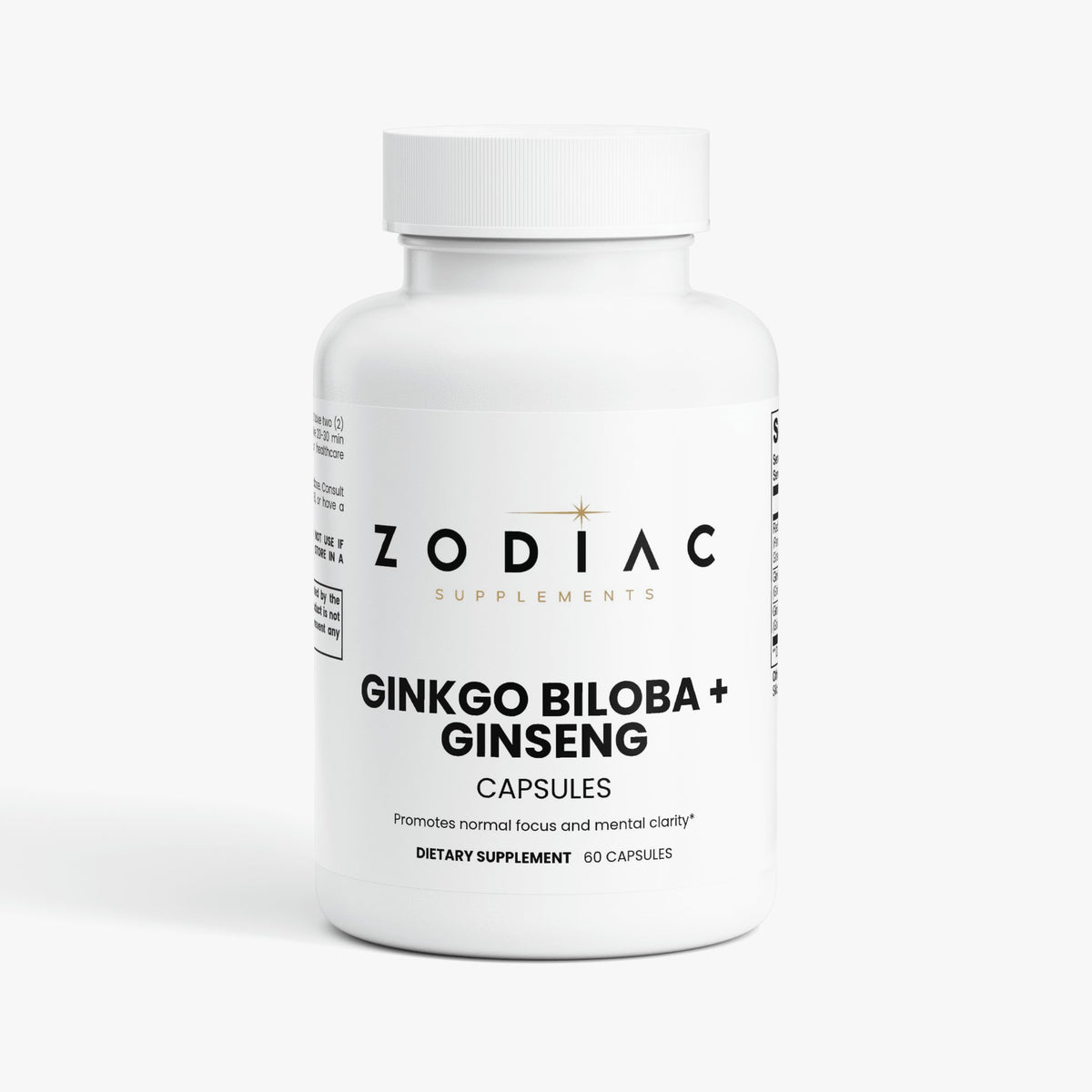 Bottle of Ginkgo Biloba + Ginseng capsules promoting focus and mental clarity, Zodiac Supplements.