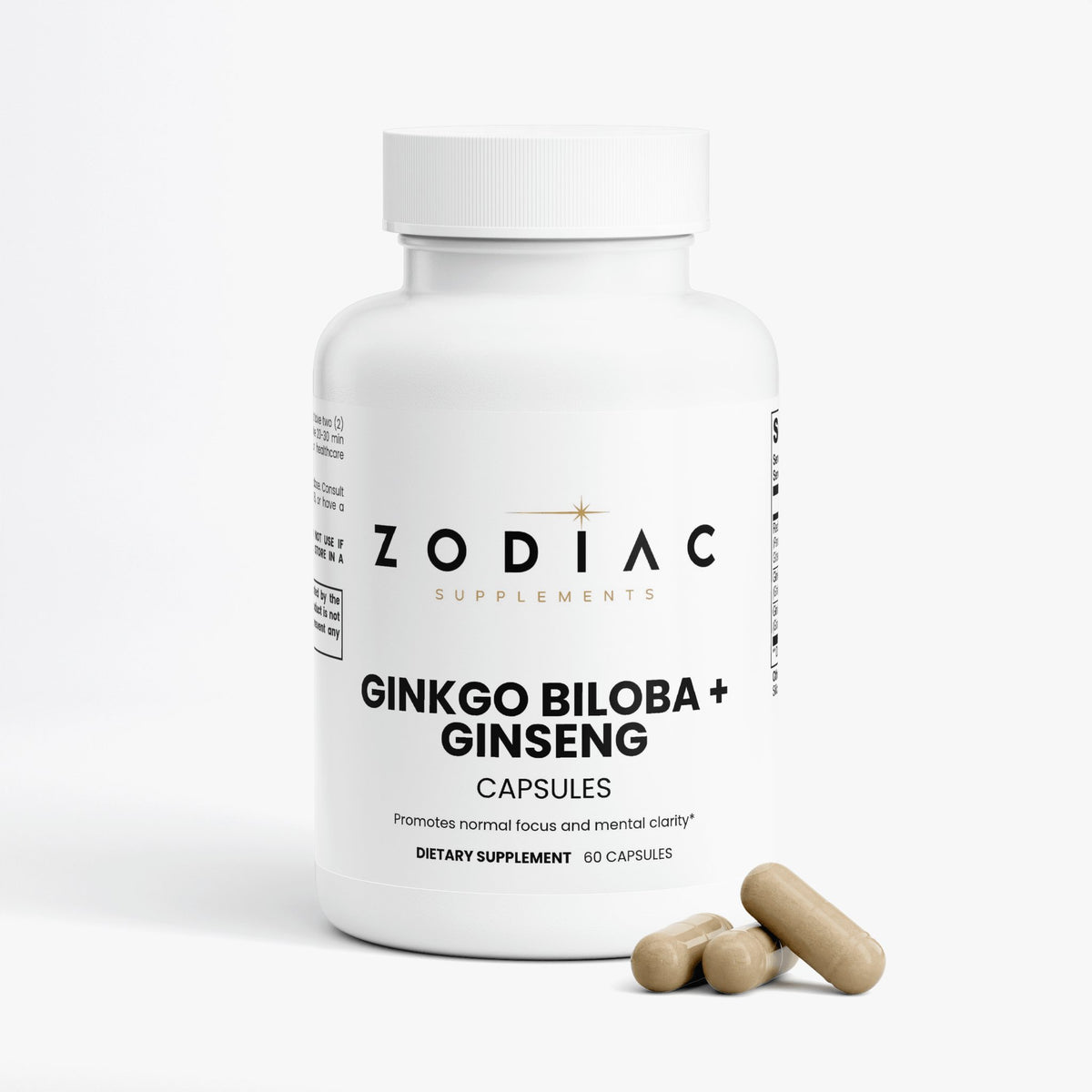 Ginkgo Biloba + Ginseng supplement bottle with capsules for mental clarity and focus.