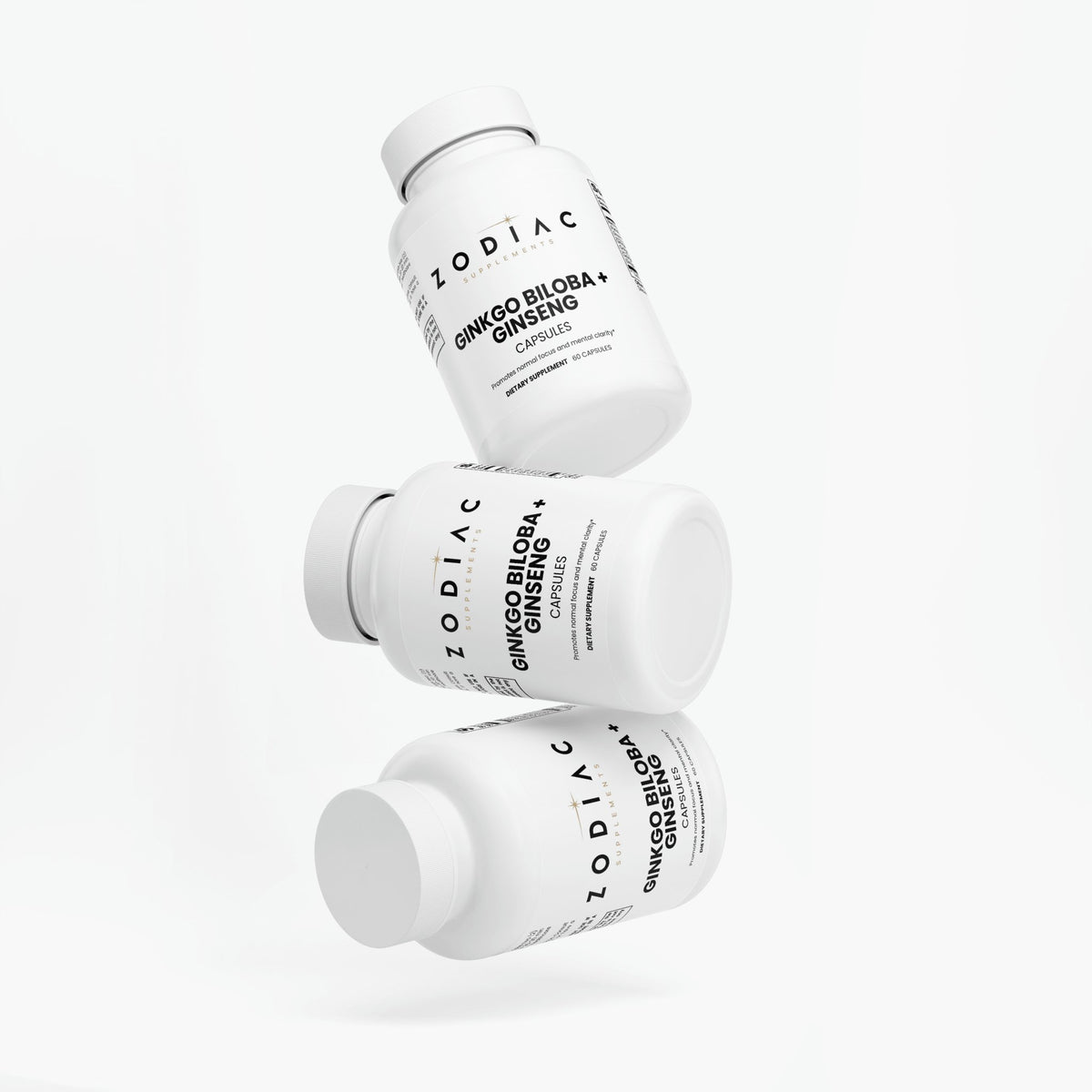Three bottles of Ginkgo Biloba + Ginseng dietary supplement stacked on a white background.