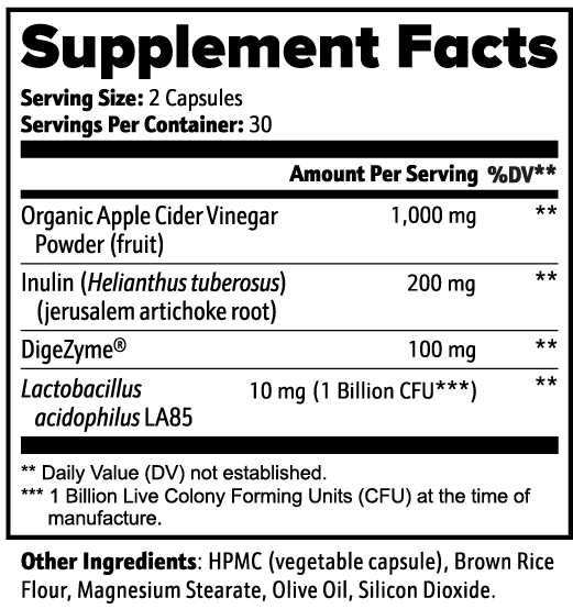 Supplement facts for Gut Health showing organic apple cider vinegar, inulin, and Lactobacillus acidophilus ingredients.
