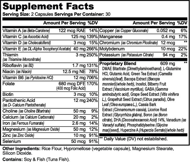 Supplement facts for Brain & Focus Formula showing ingredients, dosages, and nutritional information.