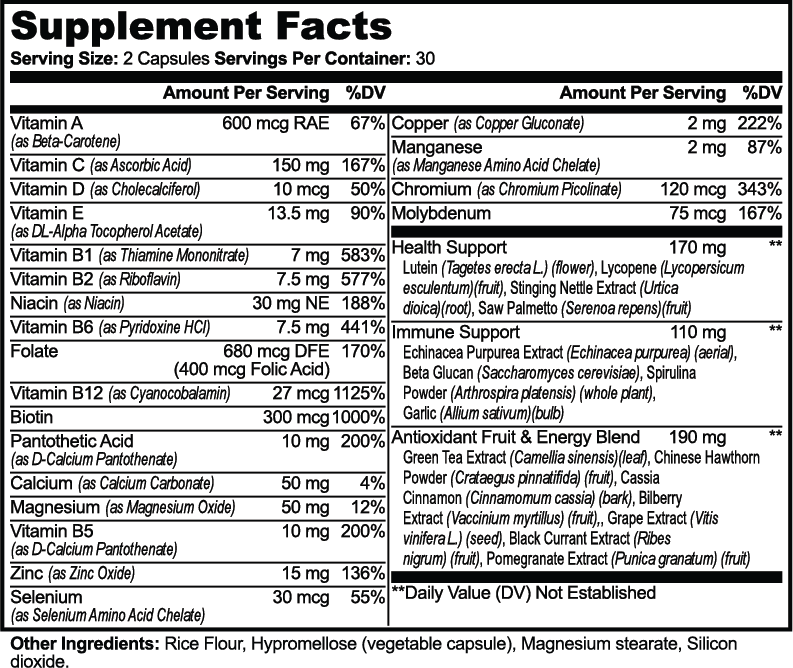 Supplement facts for Complete Multivitamin with vitamins and minerals details.