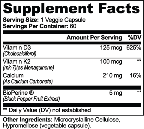 Supplement facts label for Bone & Heart Support with vitamins D3, K2, calcium, and BioPerine.
