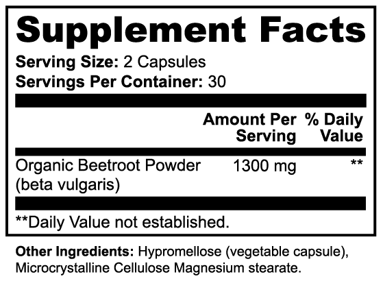 Supplement facts label for Beetroot capsules showing organic beetroot powder and serving details.