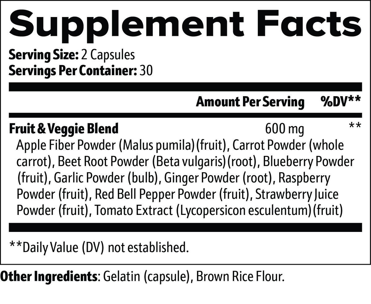 Supplement facts for Fruits and Veggies, highlighting ingredients like apple fiber, ginger, and carrot powder.