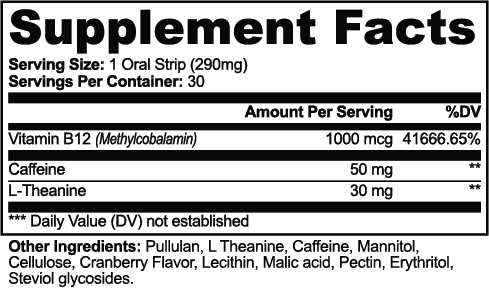 Supplement facts for Energy Strips, showing ingredients like Vitamin B12, caffeine, and L-Theanine.