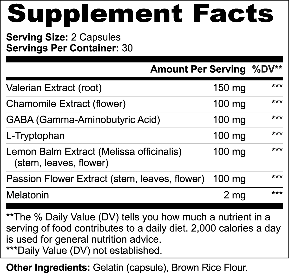 Supplement facts for Sleep Formula showcasing natural ingredients for restful sleep.