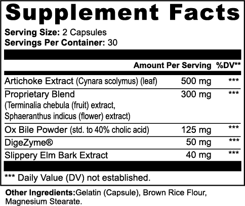 Supplement facts for Ox Bile Complex showing ingredients and nutritional information